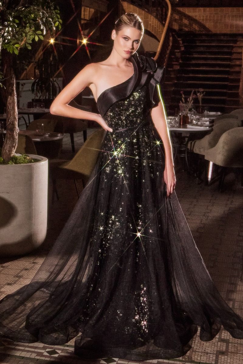 CD25-CB157 ONE SHOULDER BLACK BALL GOWN