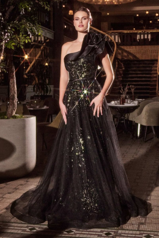 CD25-CB157 ONE SHOULDER BLACK BALL GOWN