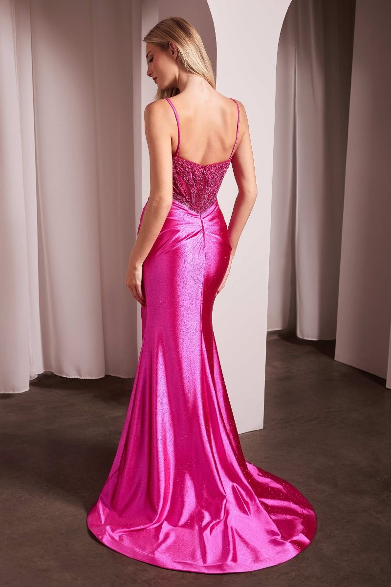 CD25-CC0238 PEARL EMBELLISHED STRETCH SATIN GLIMMERING GOWN