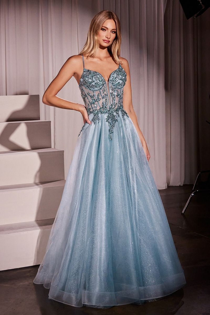 CD25-CC0881 A-LINE LAYERED TULLE GOWN & LACE EMBELLISHED BODICE