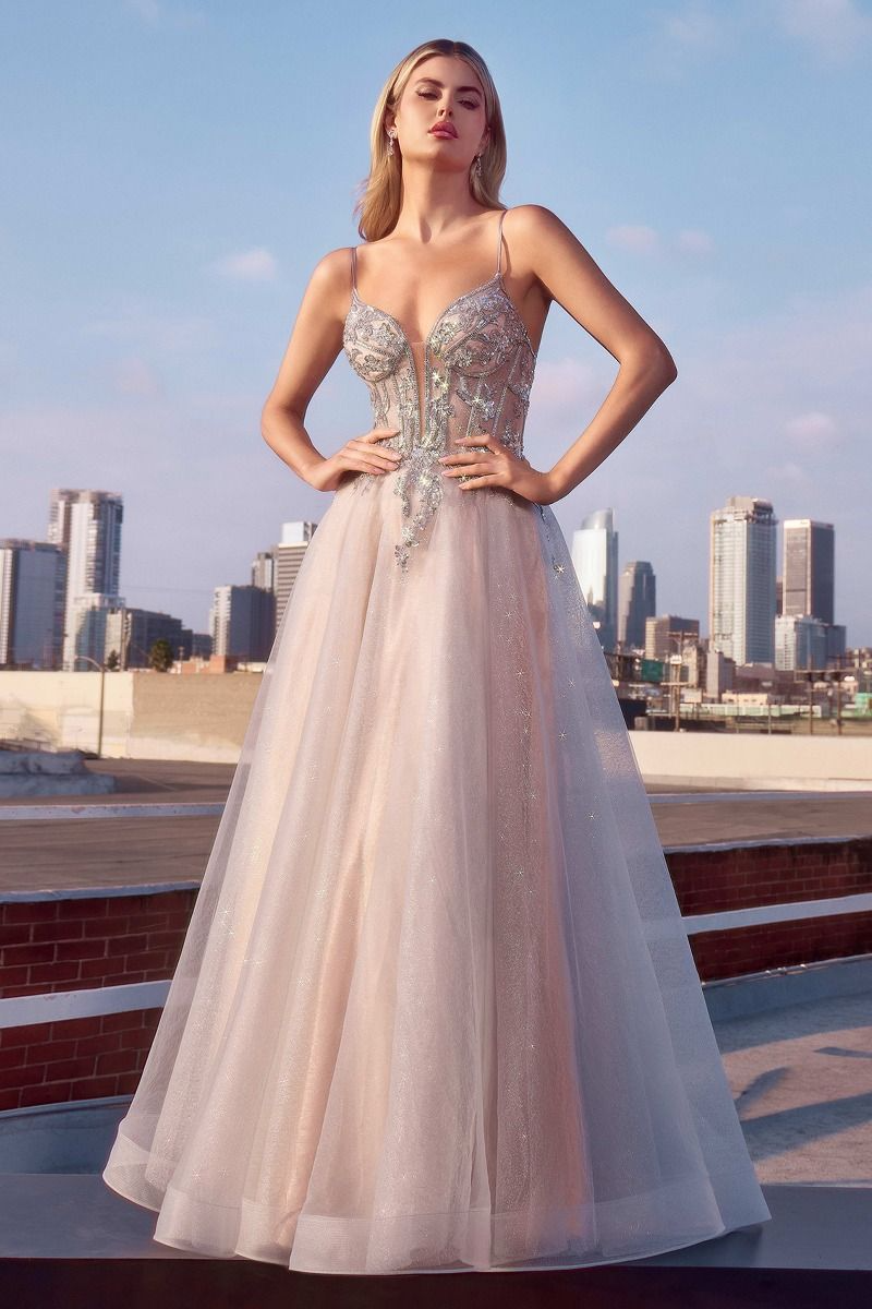 CD25-CC0881 A-LINE LAYERED TULLE GOWN & LACE EMBELLISHED BODICE