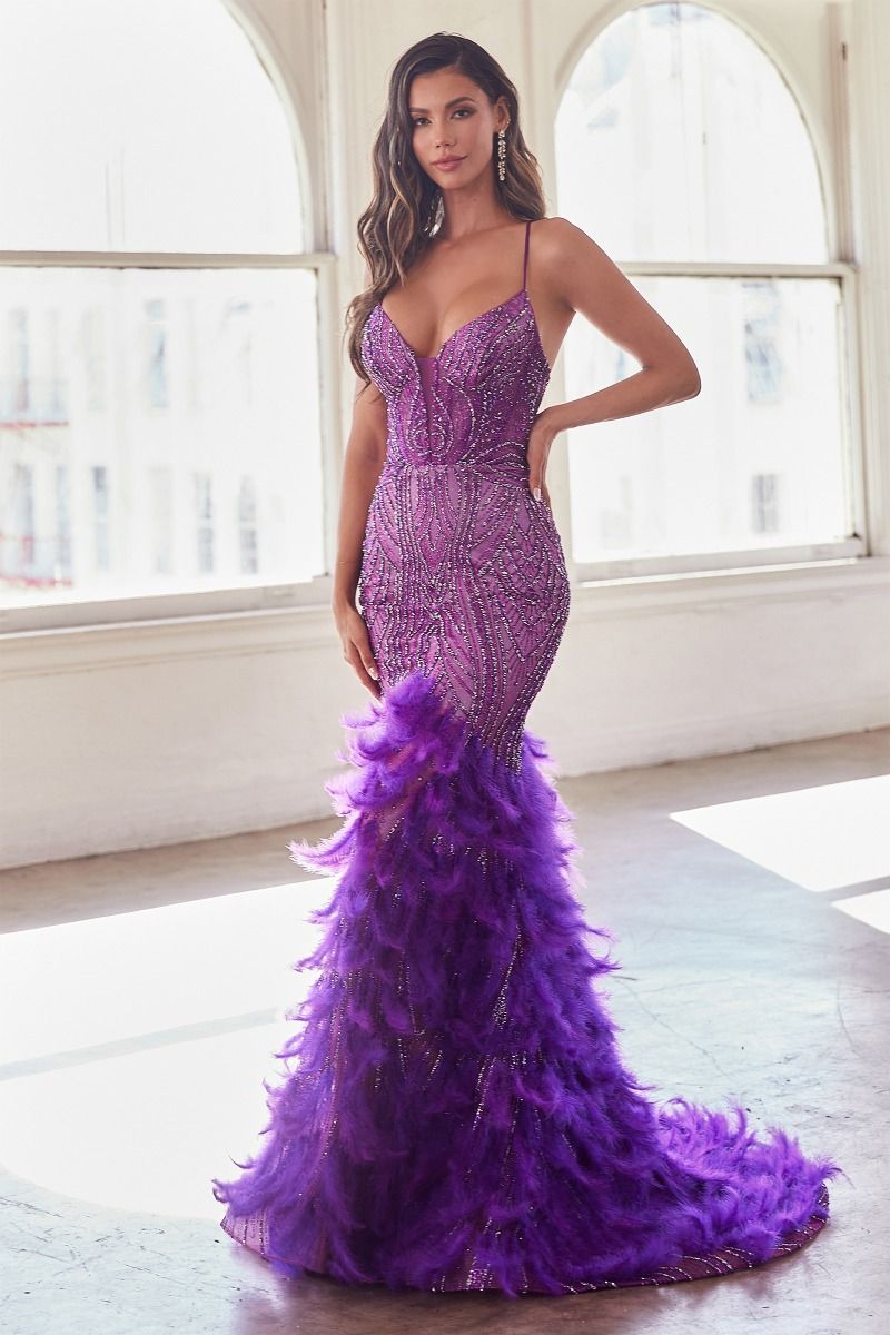 CD24-CC2308 FULLY EMBELLISHED & FEATHERED MERMAID GOWN