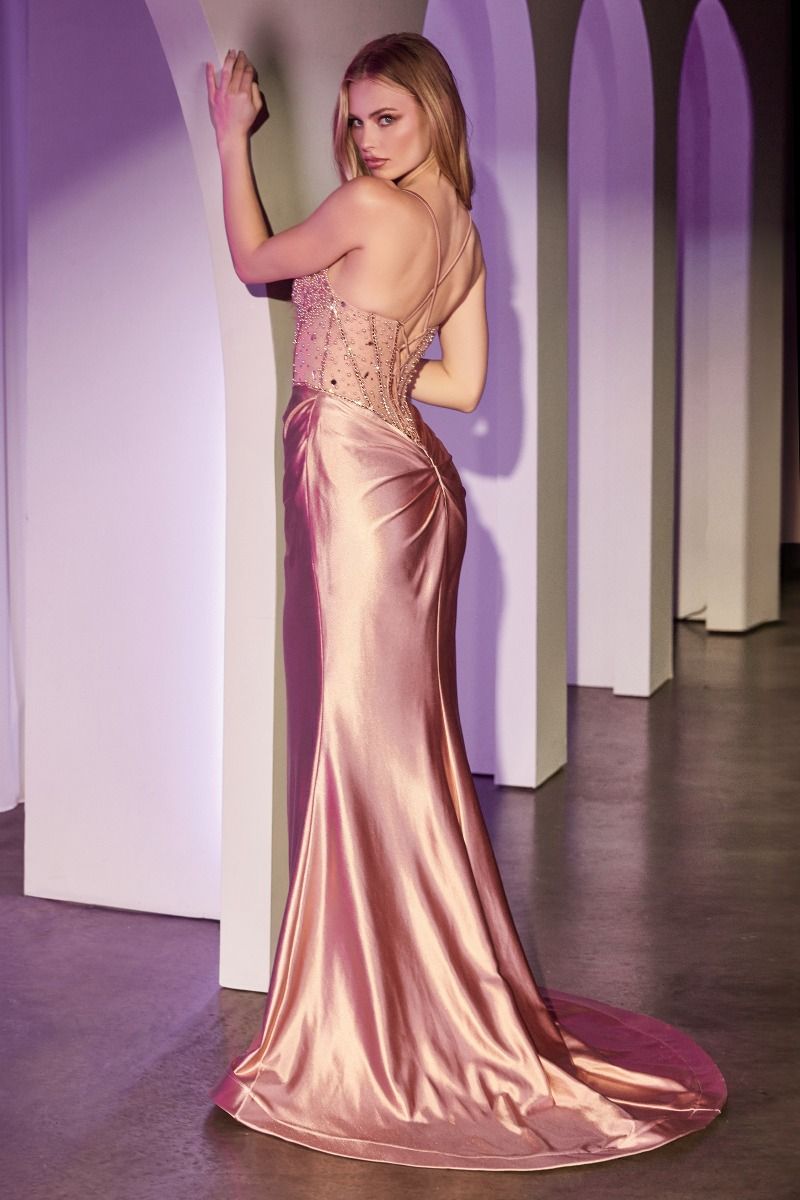 CD25-CC8884 FITTED ROSE GOLD SATIN DRESS WITH BEADED BODICE