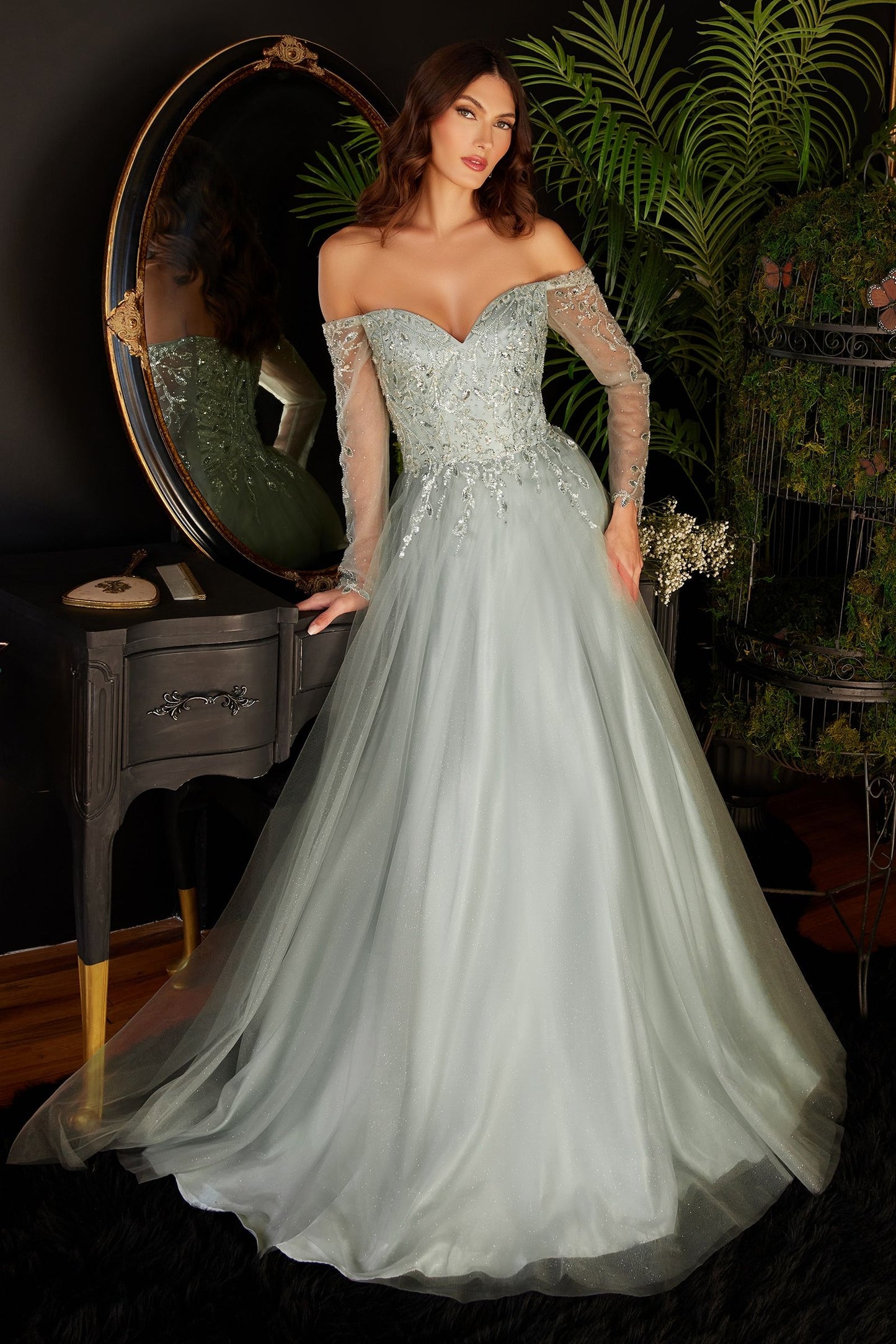 CIND-CD0172 LONG SLEEVES OFF THE SHOULDER SWEETHEART NECKLINE A-LINE DRESS