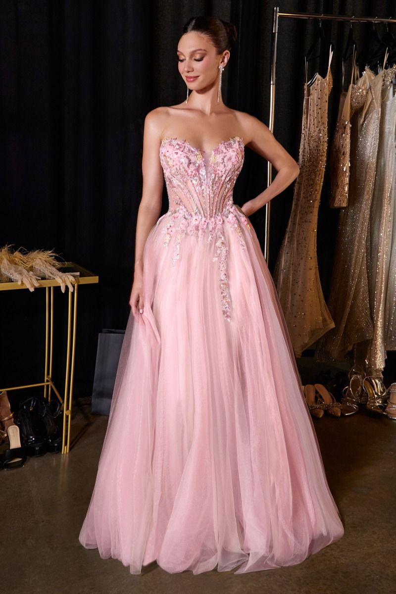 CD26-CD2418 FLORAL BODICE LAYERED TULLE BALL GOWN