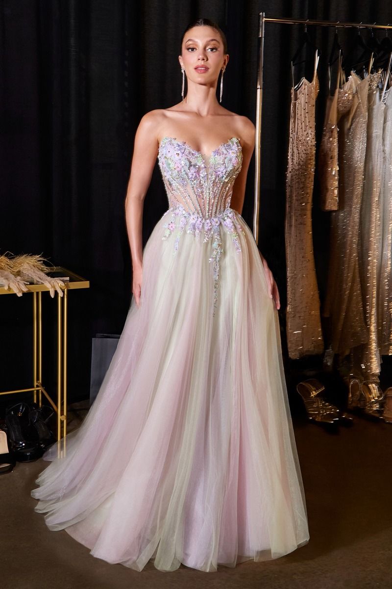 CD26-CD2418 FLORAL BODICE LAYERED TULLE BALL GOWN