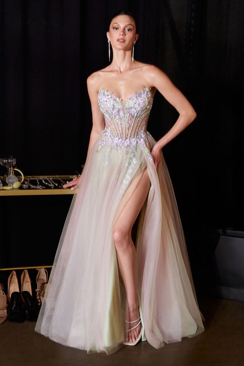 CD26-CD2418 FLORAL BODICE LAYERED TULLE BALL GOWN
