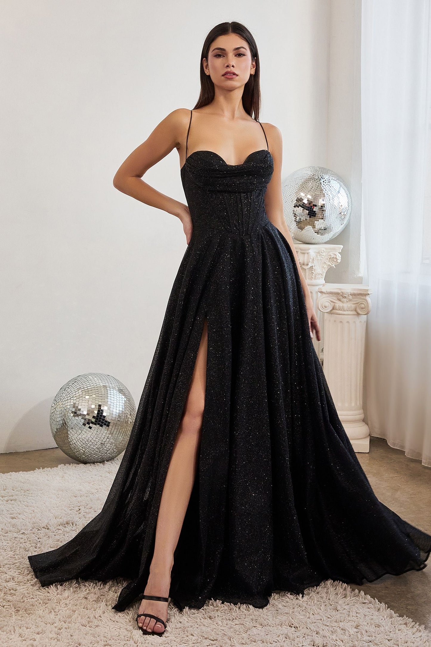 CIND-CD252 LACE UP CORSET GLITTER BALL GOWN PLEATED COWL NECKLINE HIGH SLIT STRAPS