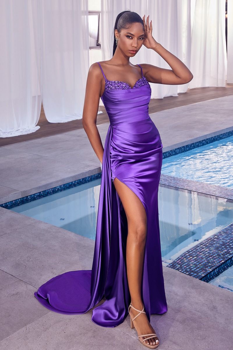 CD24-CD340 SATIN PLEATED GOWN WITH EMBELLISHMENT