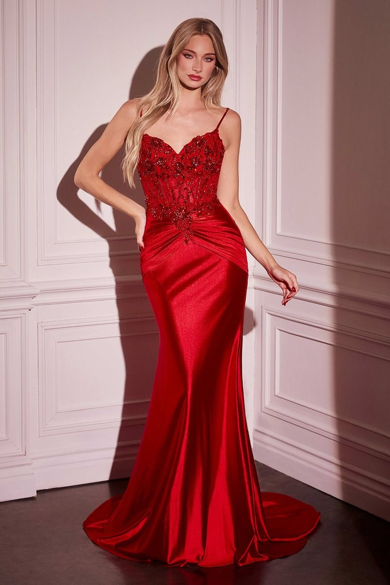 CD25-CD776 FITTED SATIN & LACE EMBELLISHED GOWN