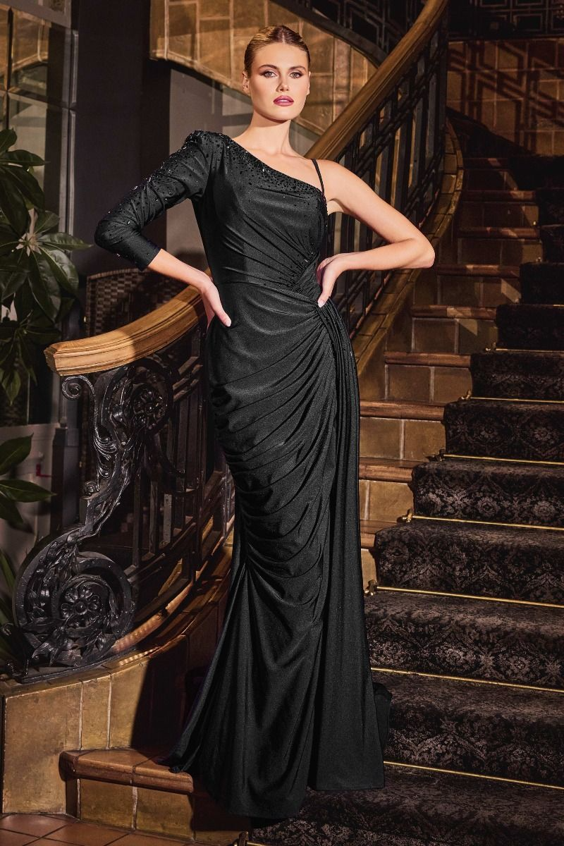 CD25-CD787 ONE SHOULDER STRETCH SATIN FITTED GOWN