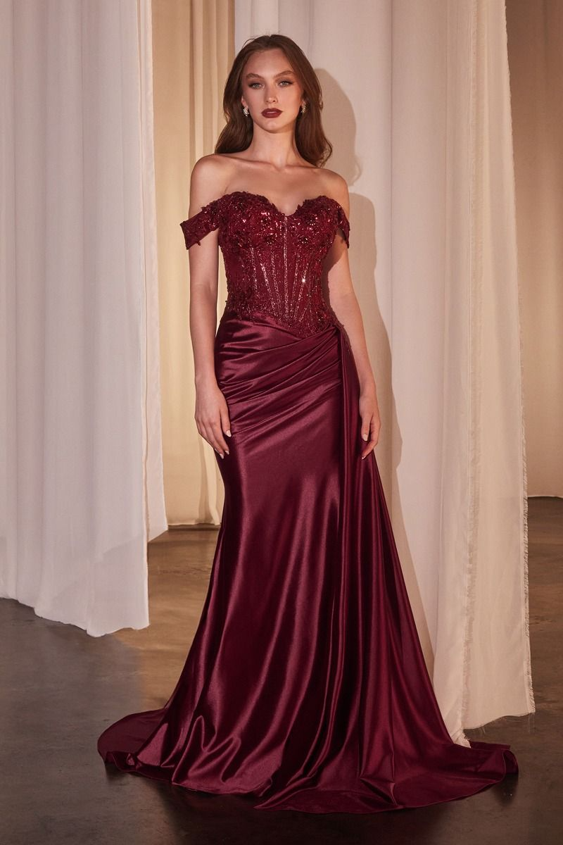 CD25-CD803 OFF THE SHOULDER LACE & SATIN FITTED GOWN