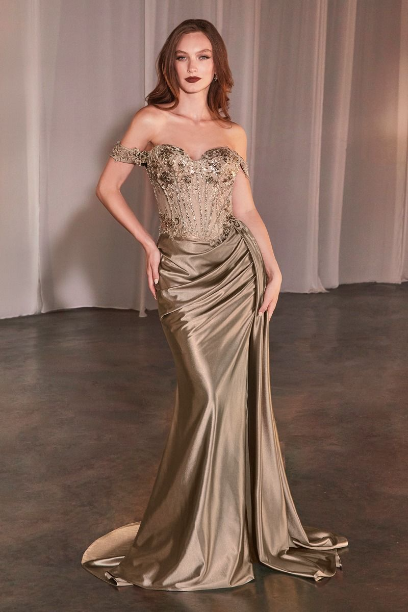 CD25-CD803 OFF THE SHOULDER LACE & SATIN FITTED GOWN