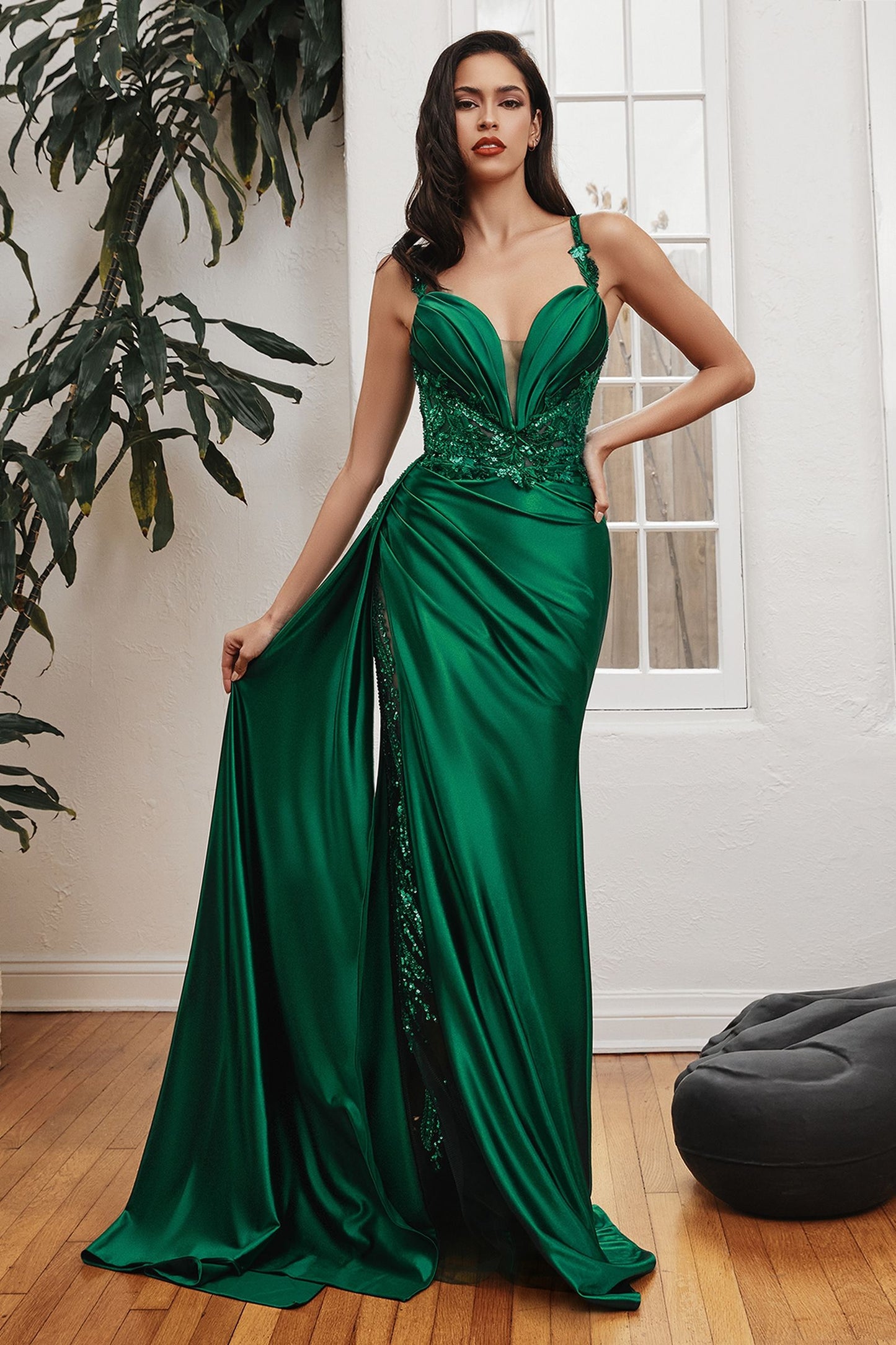 CIND-CDS417 SOFT SATIN FITTED GOWN WITH SASH