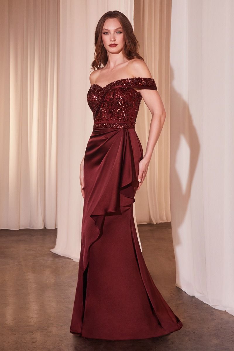 CD25-CR877 OFF THE SHOULDER SATIN & BEADED GOWN