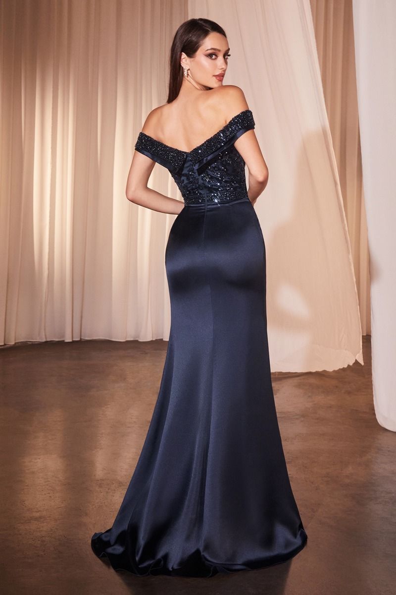 CD25-CR877 OFF THE SHOULDER SATIN & BEADED GOWN