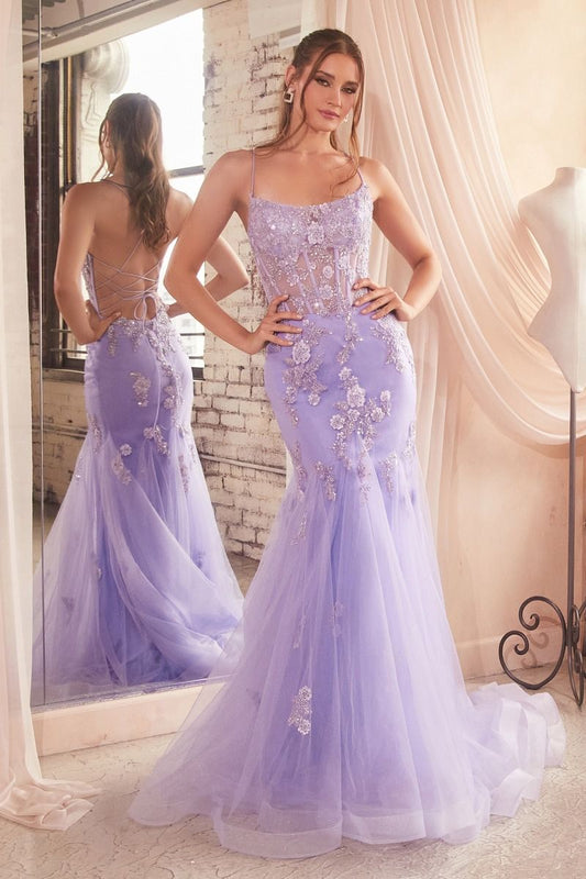 CD24-D145 EMBELLISHED BEADED FLORAL SHEER BONED BODICE STRAPS CRISCROSS BACK TULLE MERMAID DRESS PASTEL COLORS