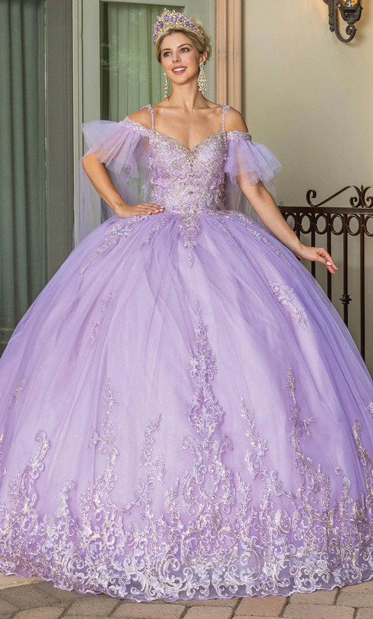 DQ25-1713 ENCHANTING BEJEWELED BODICE BALL GOWN WITH SHEER PUFF SLEEVES
