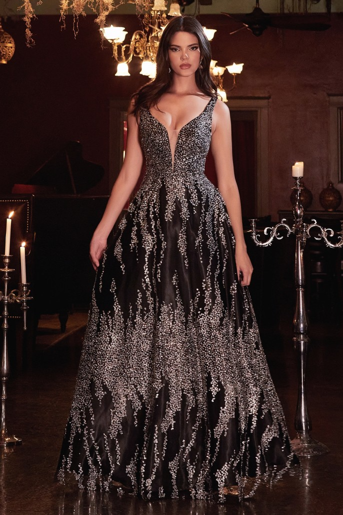 CIND-J819 GLITTER BALL GOWN V NECKLINE