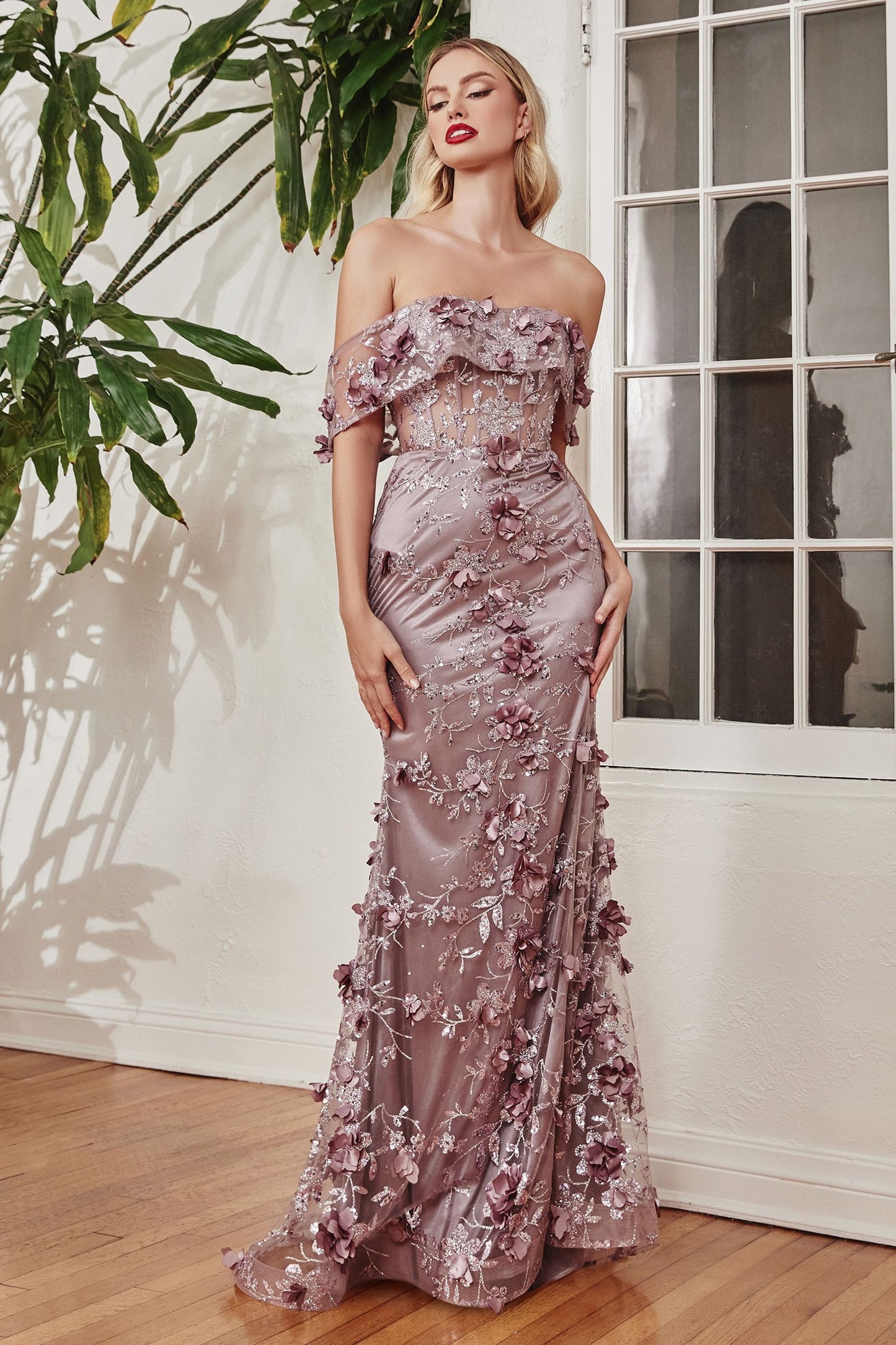 CIND-J832 GLITTER PRINTED 3D FLORAL FITTED OFF THE SHOULDER GOWN LEG SLIT BODICE SHEER CORSET