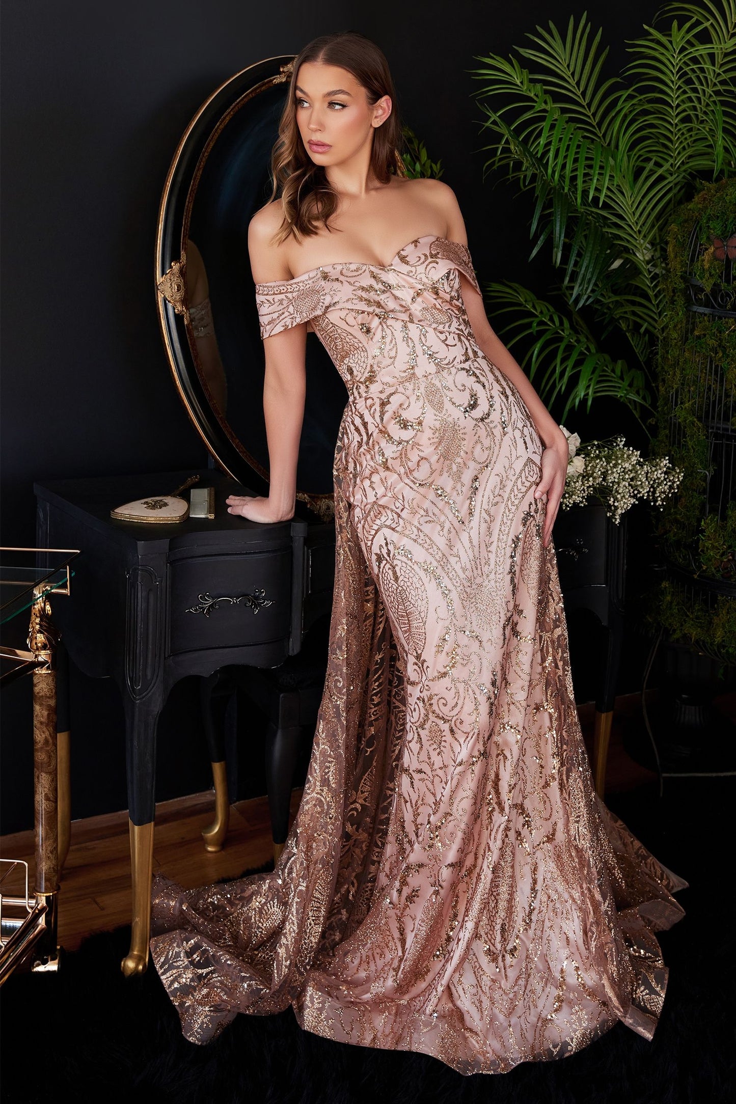 CIND-J836 OFF THE SHOULDER LACE GOWN WITH OVER SKIRT GLITTER PRINTED