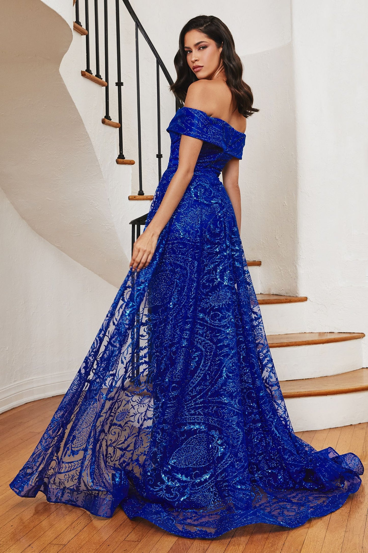 CIND-J836 OFF THE SHOULDER LACE GOWN WITH OVER SKIRT GLITTER PRINTED