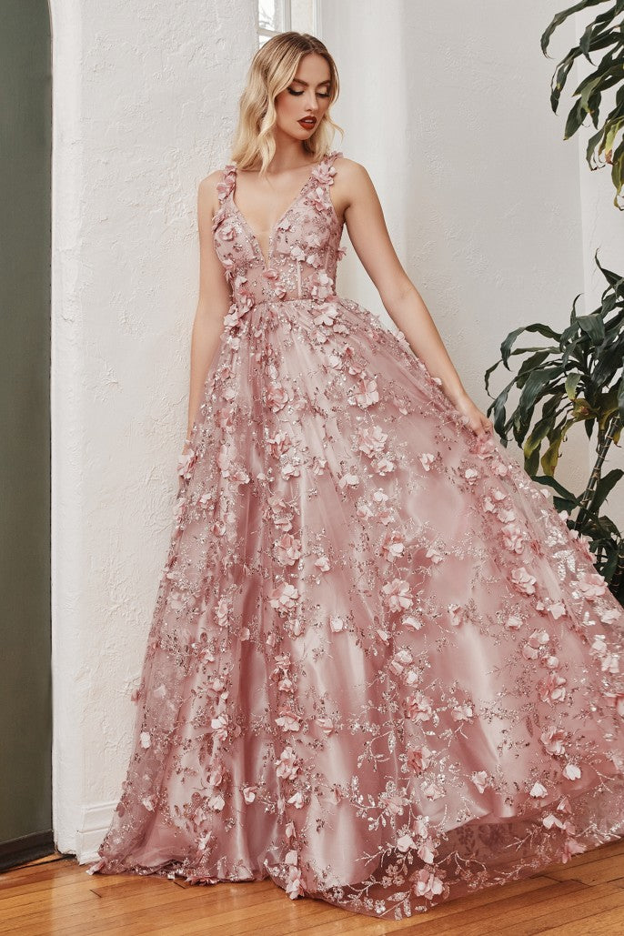 CIND-J838 GLITTER FLORAL BALL GOWN