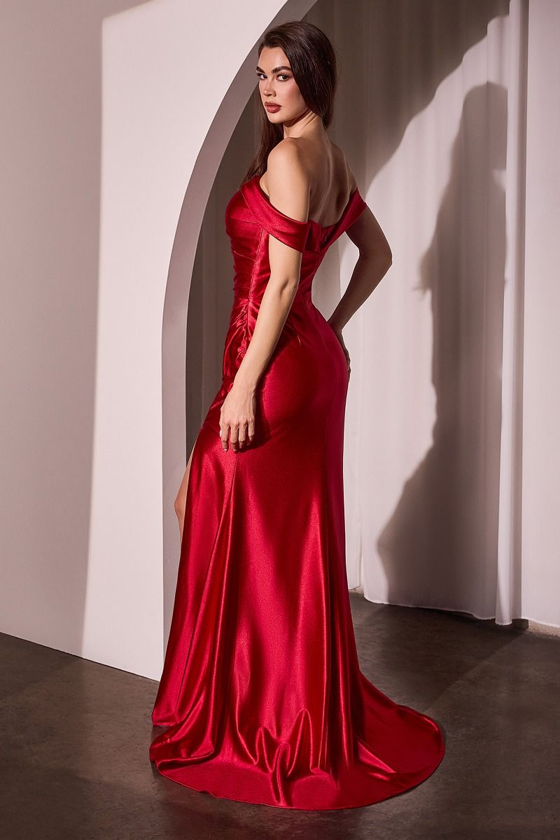 CD25-J877 GLISTENING SATIN OFF THE SHOULDER GOWN