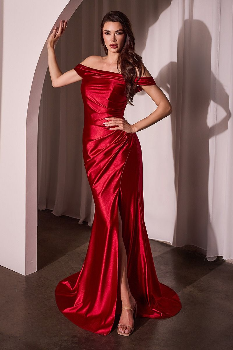 CD25-J877 GLISTENING SATIN OFF THE SHOULDER GOWN