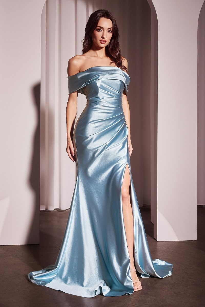 CD25-J877 GLISTENING SATIN OFF THE SHOULDER GOWN