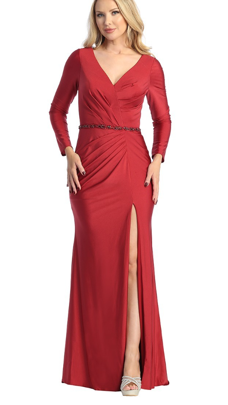 LT24-7771K Stretch Fitted Long Sleeves V Neck Detail Beaded Waist Line Leg Slit