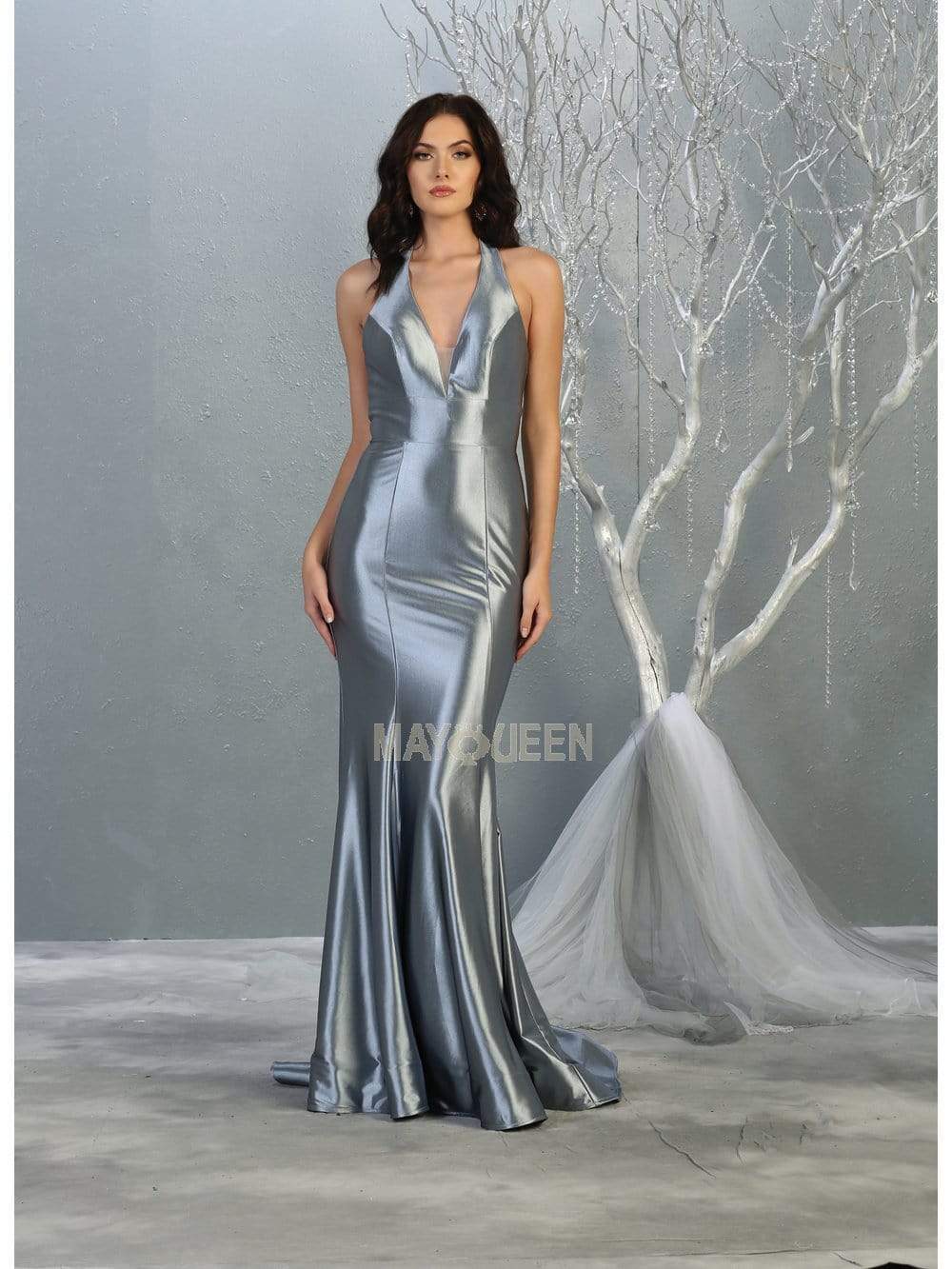 MQ1740 SATIN DEEP HALTER V-NECKLINE TRUMPET DRESS