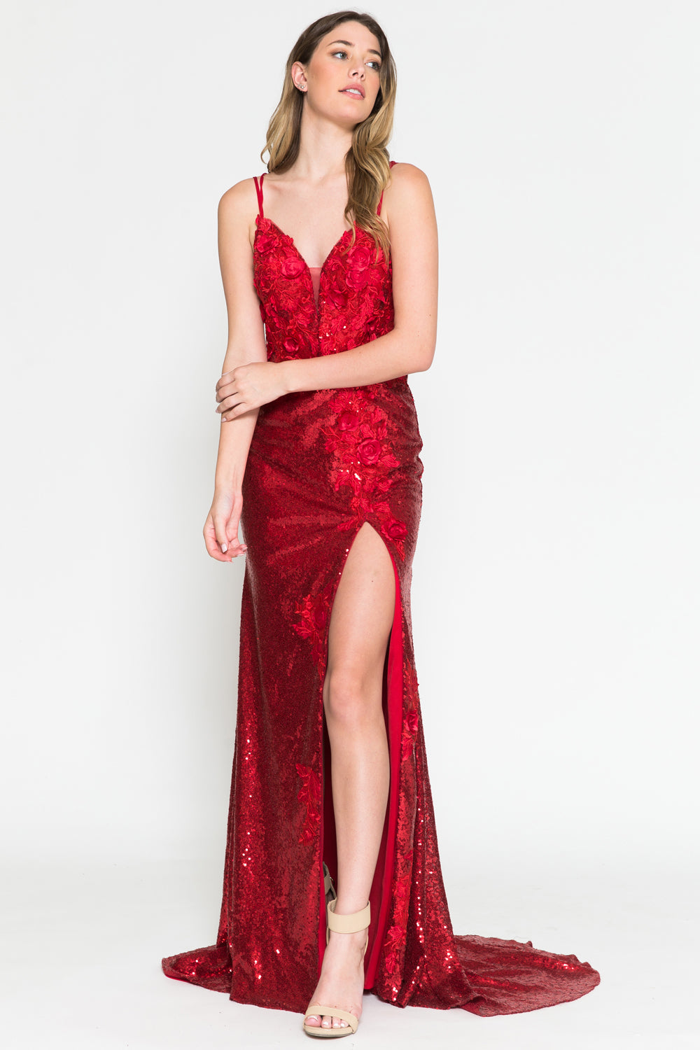 AME-5020 3D FLORAL SEQUIN GOWN