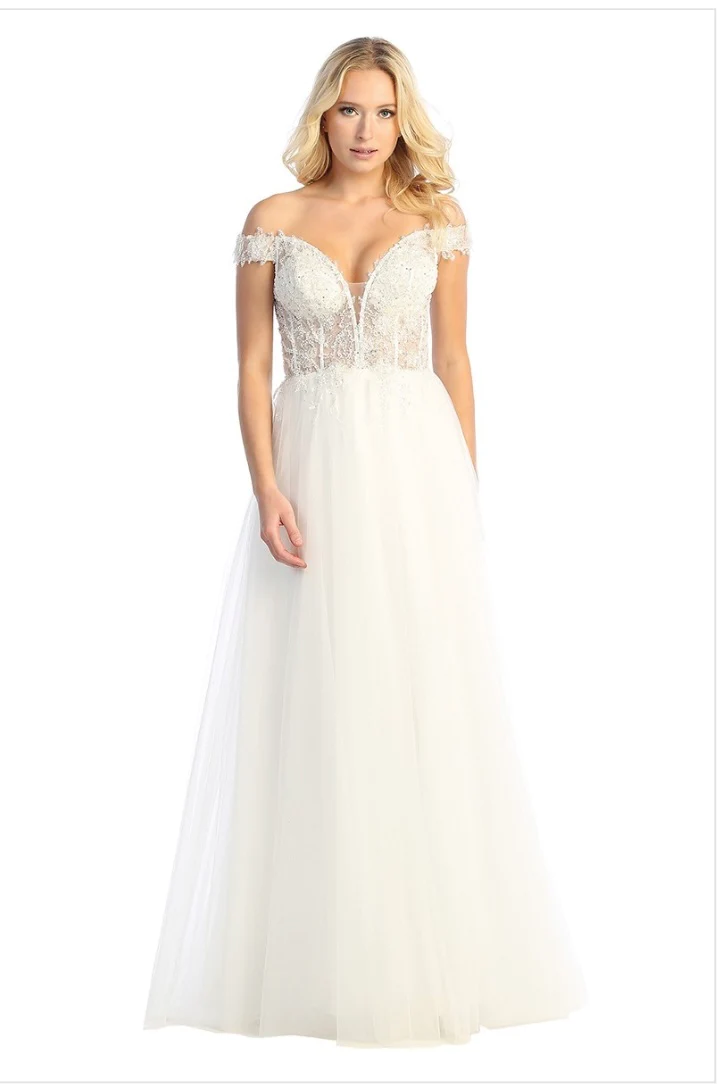 LETS-7752 OFF SHOULDER BEADED SHEER BONED BODICE ZIPPER BACK DEEP V NECKLINE GOWN