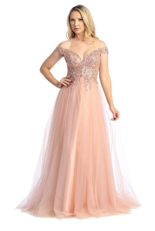LETS-7752 OFF SHOULDER BEADED SHEER BONED BODICE ZIPPER BACK DEEP V NECKLINE GOWN