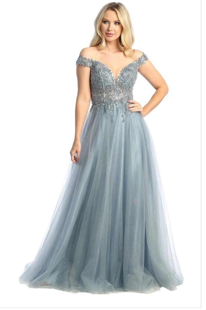 LETS-7752 OFF SHOULDER BEADED SHEER BONED BODICE ZIPPER BACK DEEP V NECKLINE GOWN