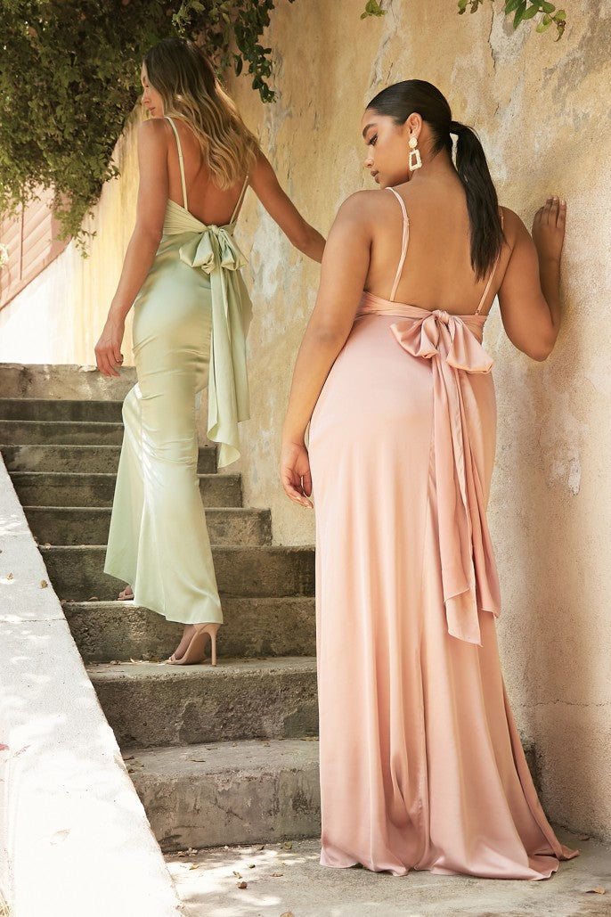 CIND-7487 FITTED SATIN DRESS WITH COWL NECKLINE AND TIE OPEN BACK