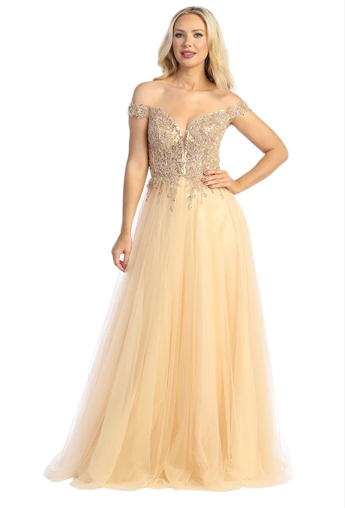 LETS-7752 OFF SHOULDER BEADED SHEER BONED BODICE ZIPPER BACK DEEP V NECKLINE GOWN