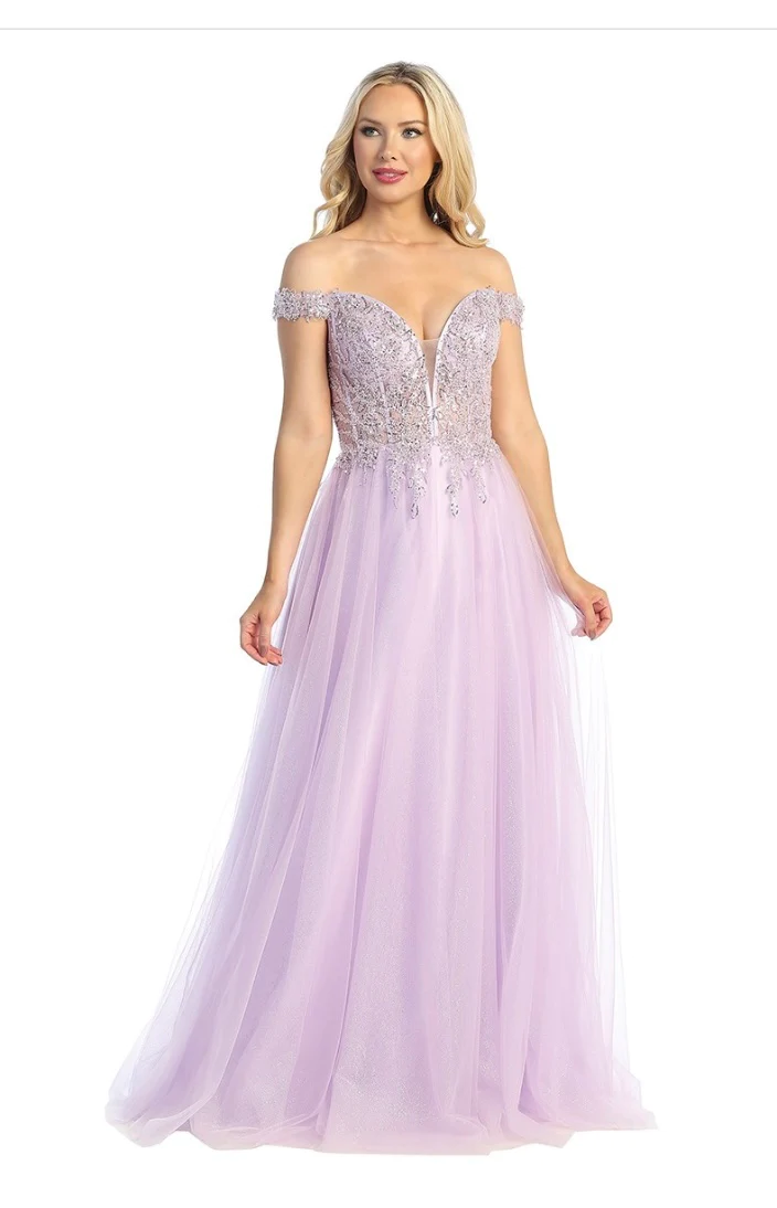 LETS-7752 OFF SHOULDER BEADED SHEER BONED BODICE ZIPPER BACK DEEP V NECKLINE GOWN