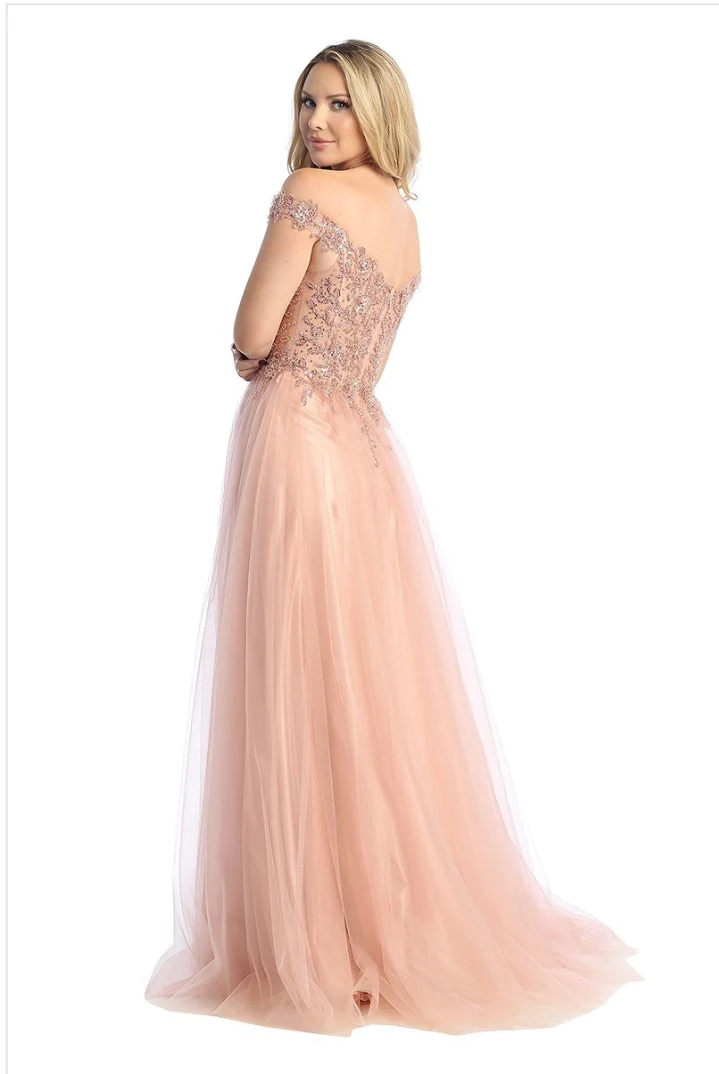 LETS-7752 OFF SHOULDER BEADED SHEER BONED BODICE ZIPPER BACK DEEP V NECKLINE GOWN