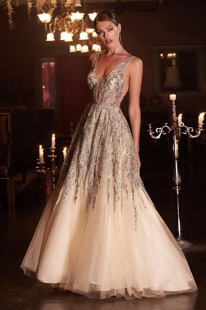 CIND-C135 BEADED SHIMMER BALL GOWN DEEP V NECKLINE OPEN BACK WITH ZIPPER ILLUSION CUT OUT SIDES