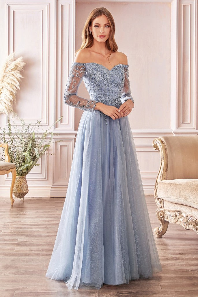 CIND-CD0172 LONG SLEEVES OFF THE SHOULDER SWEETHEART NECKLINE A-LINE DRESS