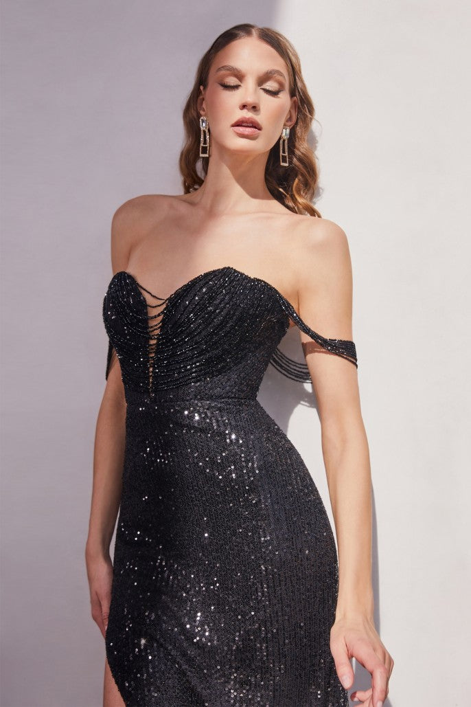 CIND-CD290 STRAPLESS SEQUIN DRESS WITH BEADED DRAPED SHOULDERS