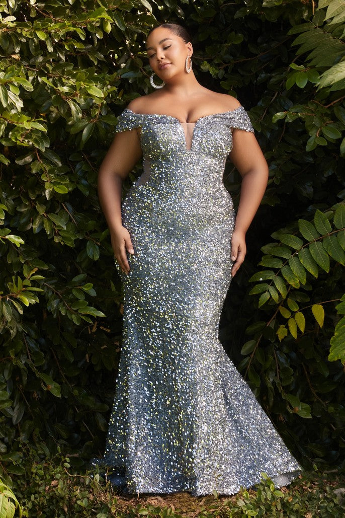 CIND-CD975C OFF THE SHOULDER SEQUIN SHEER SIDES MERMAID TRAIN GOWN