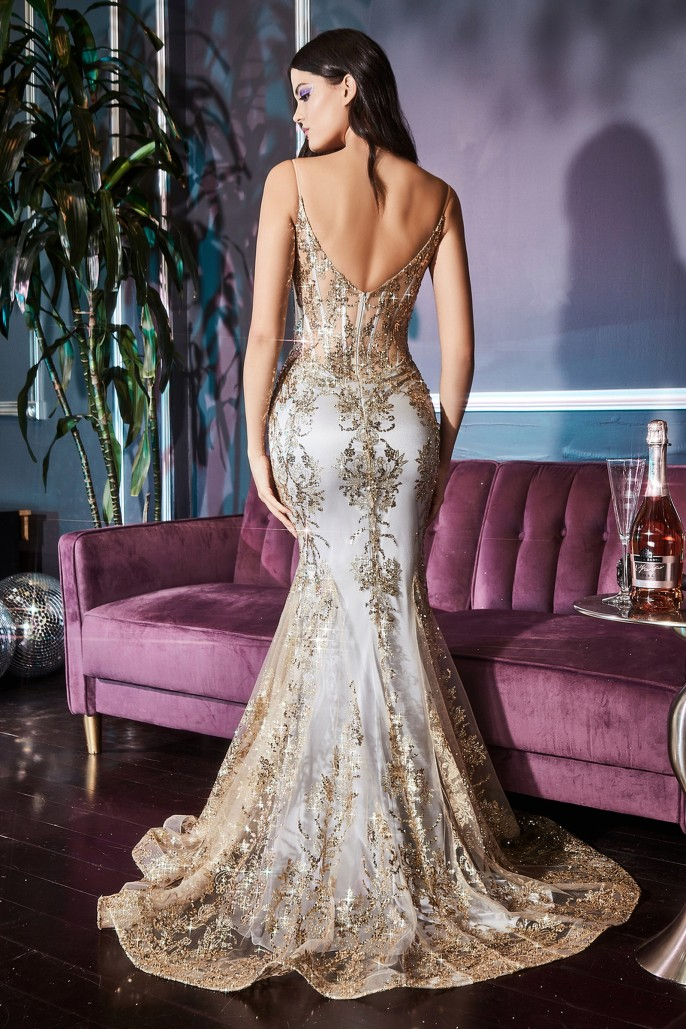 CD24-J810 FITTED FLORAL GLITTER PRINT CORSET GOWN