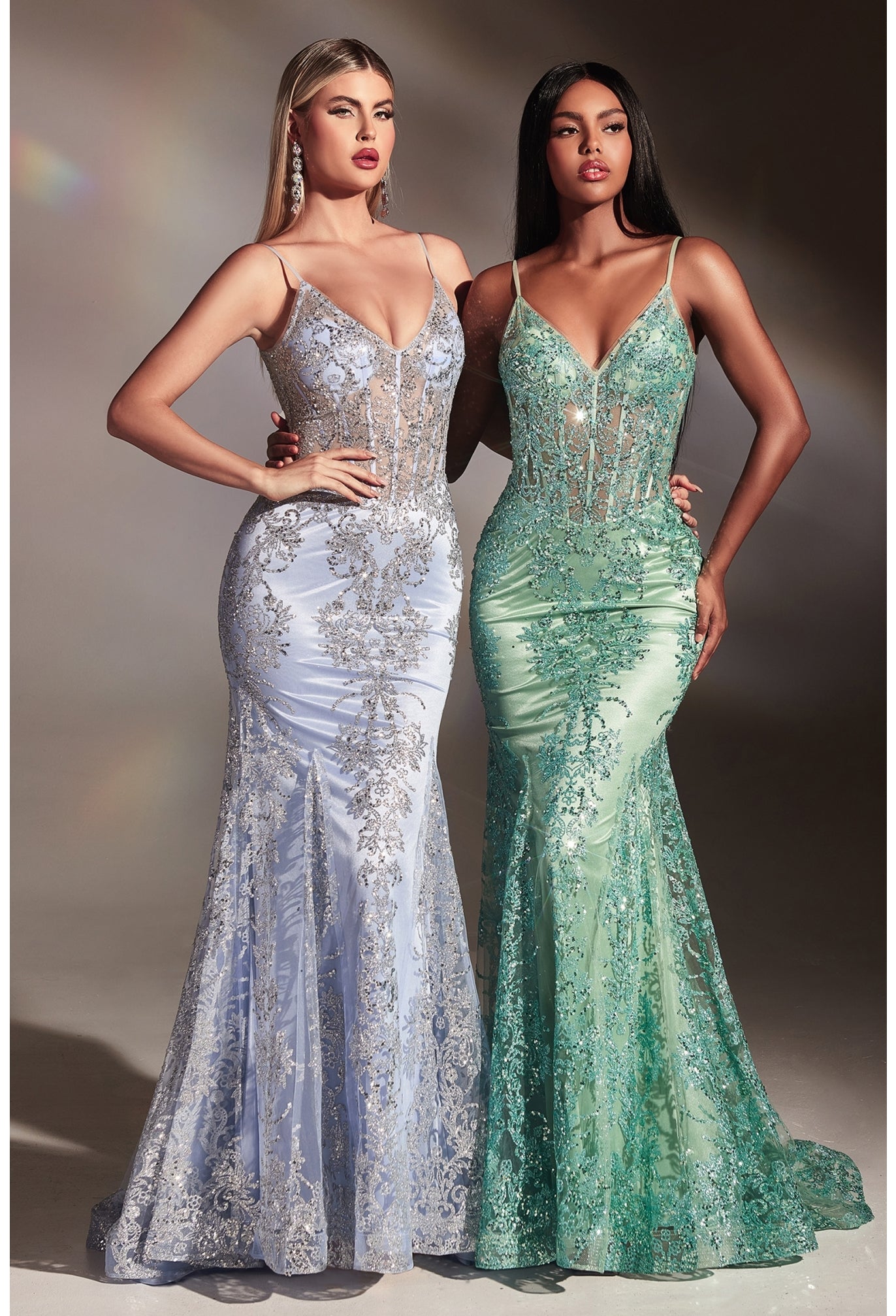 CD24-J810 FITTED FLORAL GLITTER PRINT CORSET GOWN