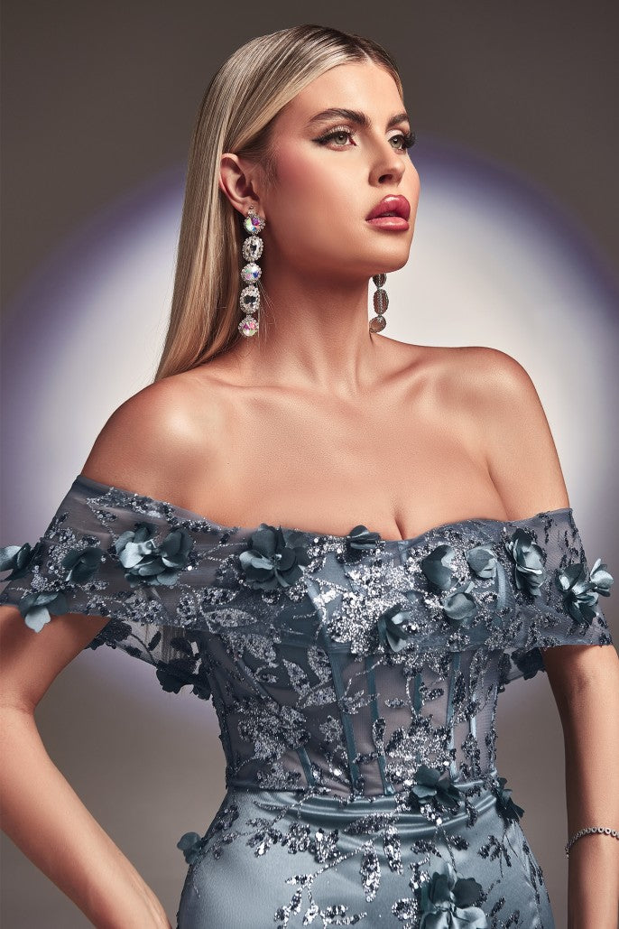 CIND-J832 GLITTER PRINTED 3D FLORAL FITTED OFF THE SHOULDER GOWN LEG SLIT BODICE SHEER CORSET