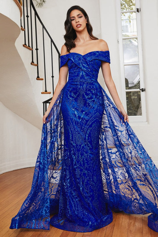 CIND-J836 OFF THE SHOULDER LACE GOWN WITH OVER SKIRT GLITTER PRINTED