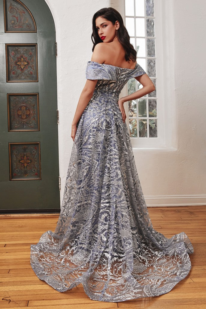 CIND-J836 OFF THE SHOULDER LACE GOWN WITH OVER SKIRT GLITTER PRINTED