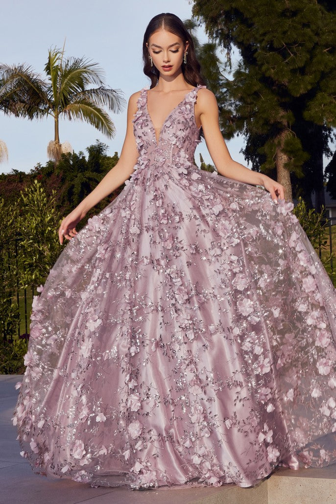 CIND-J838 GLITTER FLORAL BALL GOWN